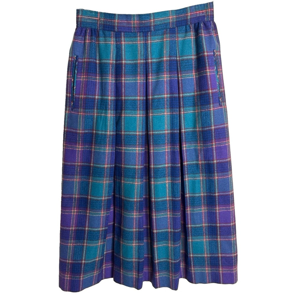 Vintage Pendleton Wool Plaid Pleated Midi Skirt Womens 8 Teal Purple Academia